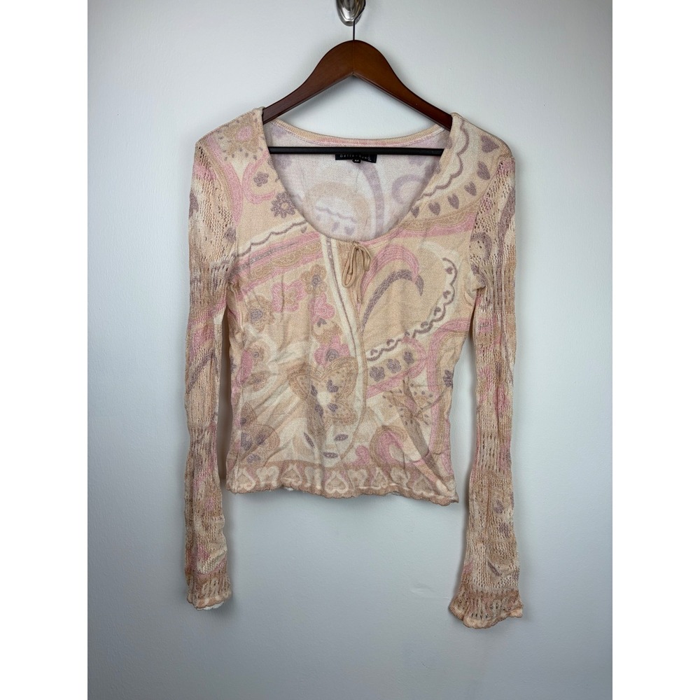 Bette Sung Paisley Knit Top M Pink Y2K Fairycore Open Knit Mesh Bell Sleeves
